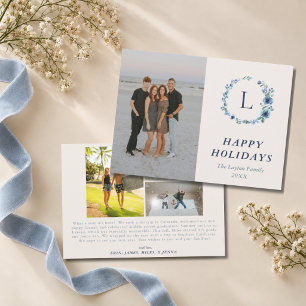 Monogram Watercolor Blue Wreath 4 Photo Family Holiday Card