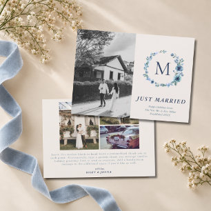 Monogram Watercolor Blue Wreath 4 Photo Wedding Holiday Card