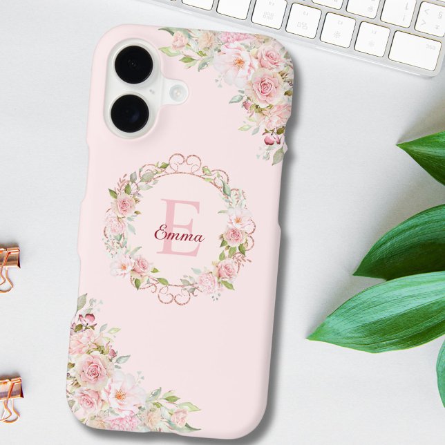 Monogram Watercolor Blush Pink Rose Flowers Floral (In situ)