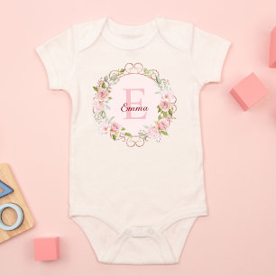 Monogram Watercolor Blush Pink Rose Flowers Floral Baby Bodysuit
