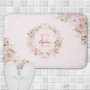 Monogram Watercolor Blush Pink Rose Flowers Floral Bath Mat