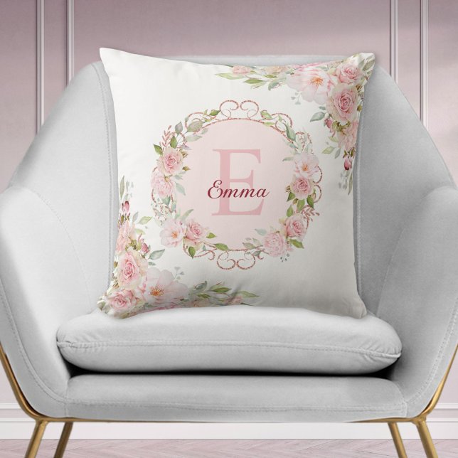 Monogram Watercolor Blush Pink Rose Flowers Floral Cushion (In situ 1)