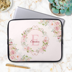 Monogram Watercolor Blush Pink Rose Flowers Floral Laptop Sleeve