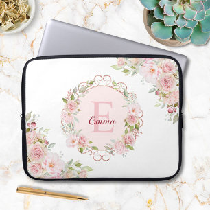 Monogram Watercolor Blush Pink Rose Flowers Floral Laptop Sleeve