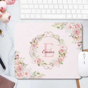 Monogram Watercolor Blush Pink Rose Flowers Floral Mouse Pad