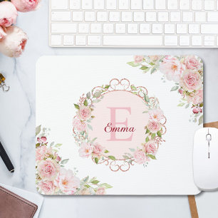 Monogram Watercolor Blush Pink Rose Flowers Floral Mouse Pad