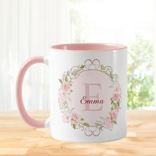 Monogram Watercolor Blush Pink Rose Flowers Floral Mug