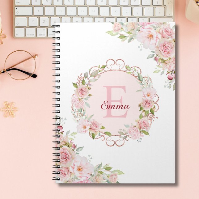 Monogram Watercolor Blush Pink Rose Flowers Floral Notebook (In situ)