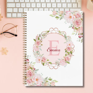 Monogram Watercolor Blush Pink Rose Flowers Floral Planner