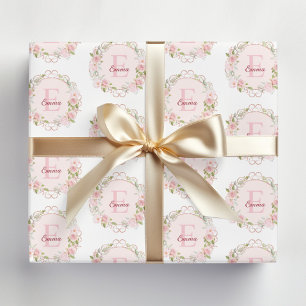 Monogram Watercolor Blush Pink Rose Flowers Floral Wrapping Paper