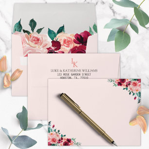 Monogram Watercolor Boho Pink Burgundy Rose  Envelope