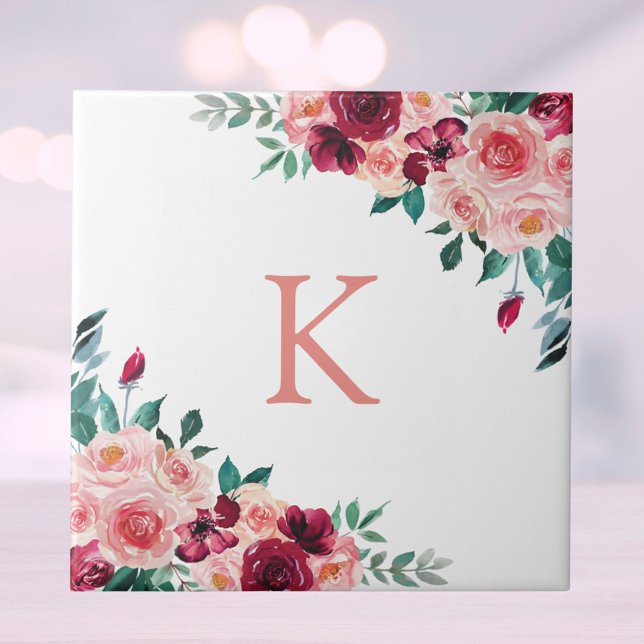 Monogram Watercolor Boho Pink Burgundy Rose Floral Tile (Close up)