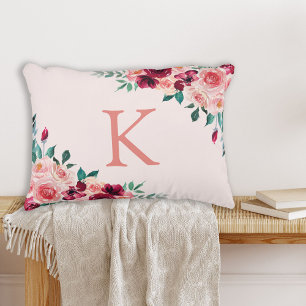 Monogram Watercolor Boho Pink Burgundy Rose Flower Decorative Cushion