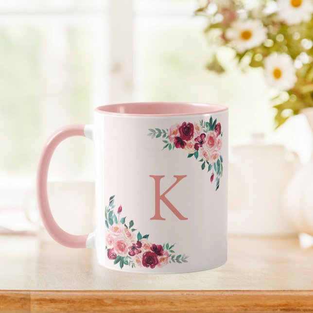 Monogram Watercolor Boho Pink Burgundy Rose Flower Mug (In situ Kitchen table)