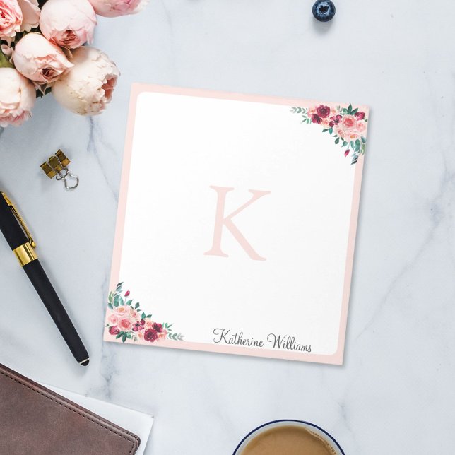 Monogram Watercolor Boho Pink Burgundy Rose Flower Notepad (In situ Office desk)