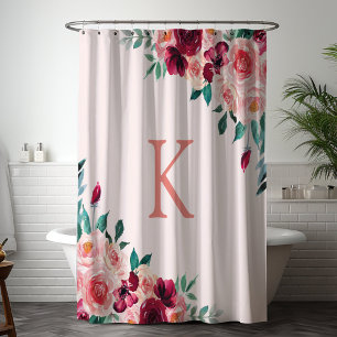 Monogram Watercolor Boho Pink Burgundy Rose Flower Shower Curtain