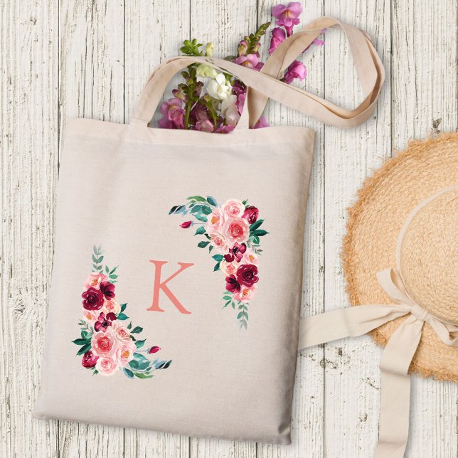 Monogram Watercolor Boho Pink Burgundy Rose Flower Tote Bag (In situ)