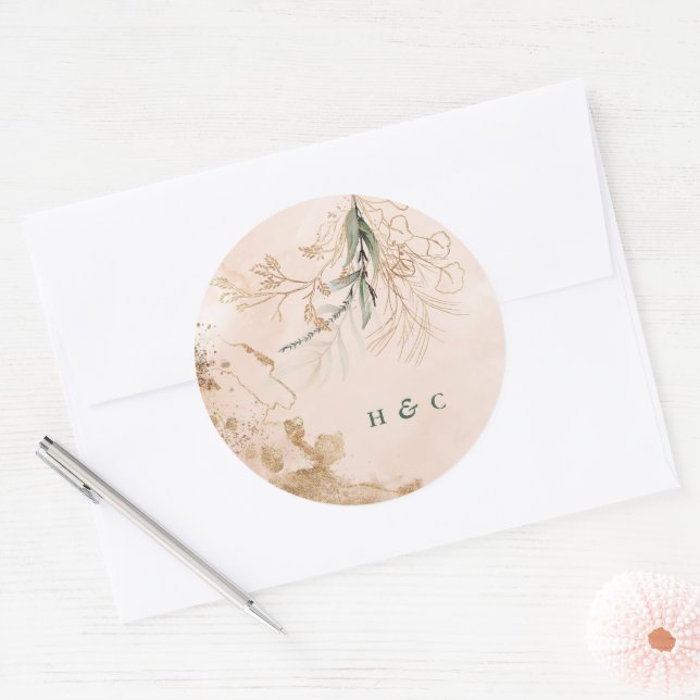 Monogram Watercolor Botanical Eucalyptus Elegant Classic Round Sticker (Envelope)