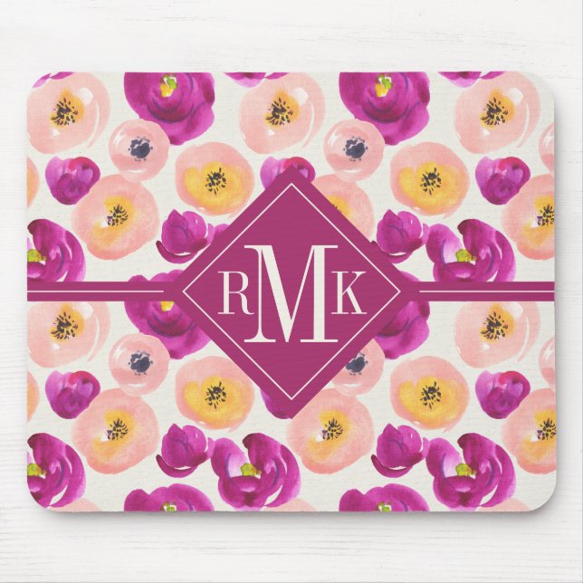 Monogram | Watercolor Botanical Pattern Mouse Pad (Front)