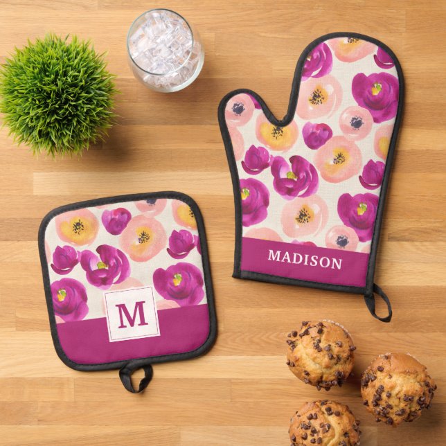Monogram | Watercolor Botanical Pattern Oven Mitt & Pot Holder Set (Top Down)