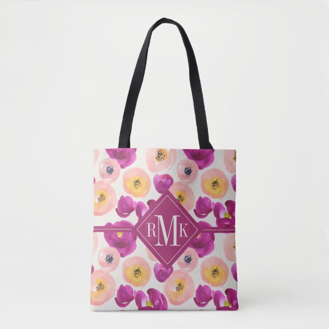 Monogram | Watercolor Botanical Pattern Tote Bag (Front)
