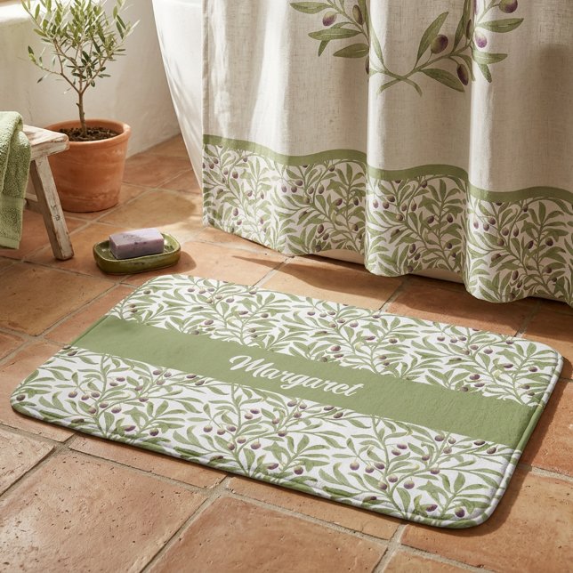 Monogram Watercolor Botanical Sage Green Olive  Bath Mat (Monogram Watercolor Botanical Sage Green Olive Bath Mat)