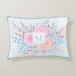 Monogram Watercolor Bouquet Pink Roses Blue Leaves Decorative Cushion