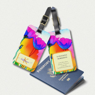 Monogram Watercolor Bright Floral California Poppy Luggage Tag