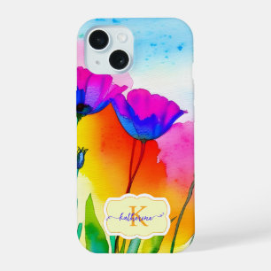 Monogram Watercolor Bright Floral Poppy Wildflower iPhone 15 Case