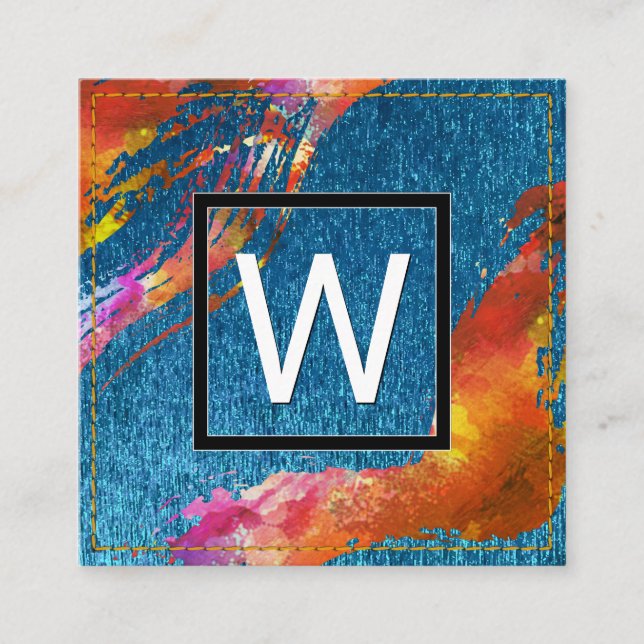 Monogram Watercolor Brushed Blue Texture Stitched Square Business Card (Front)