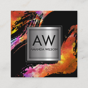 Monogram Watercolor Brushed Metallic Banner Square Business Card