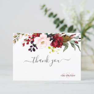 Monogram Watercolor Burgundy Blush Roses Thank You Card