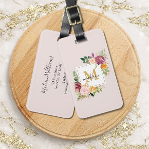 Monogram Watercolor Colorful Roses Flower Floral Luggage Tag