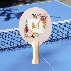 Monogram Watercolor Colorful Roses Flower Floral Ping Pong Paddle