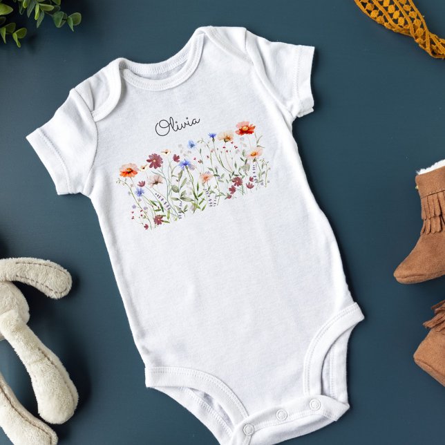 Monogram Watercolor Colourful Wildflower Meadow Baby Bodysuit (Close up)