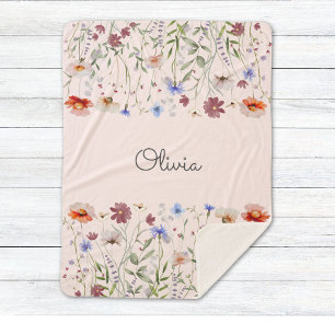 Monogram Watercolor Colourful Wildflower Meadow Sherpa Blanket