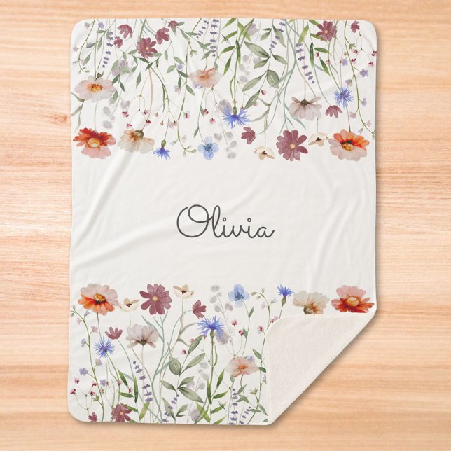 Monogram Watercolor Colourful Wildflower Meadow Sherpa Blanket (In situ)