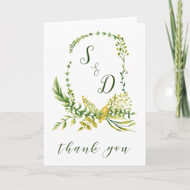 Monogram Watercolor Crest with Greenery Thank You Card (Front)
