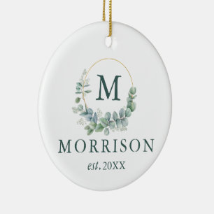 Monogram Watercolor Eucalyptus PHOTO BACK Ceramic Tree Decoration