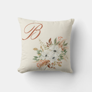 Monogram Watercolor Fall Winter Bouquet Cushion
