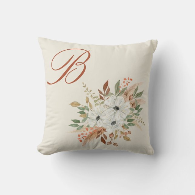 Monogram Watercolor Fall Winter Bouquet Cushion (Front)