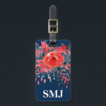 Monogram Watercolor Floral Blue Denim / Red Rose Luggage Tag<br><div class="desc">Luggage tag with watercolor floral blue denim and red rose flowers, monogram initial(s)/name, and address information on a navy blue background. Personalise with your monogram initial(s)/name, name, and address information using the easy templates. Font colour, font style, font size, and navy blue background colour are customisable. Perfect for any travel...</div>