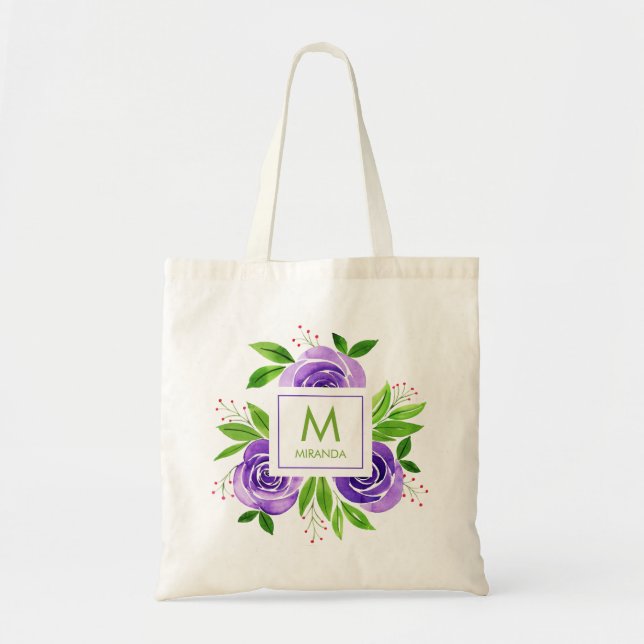 Monogram Watercolor Floral Custom Tote Bag (Front)