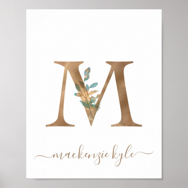 Monogram Watercolor Floral Gold Letter M Poster (Front)