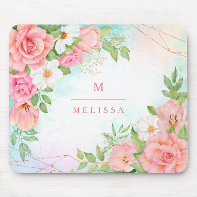 Monogram Watercolor Floral Greenery Pink Geometric Mouse Pad (Front)