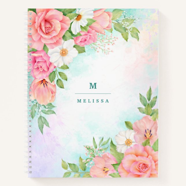 Monogram Watercolor Floral Greenery Pink Rose Notebook (Front)