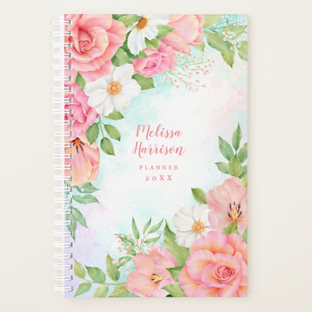 Monogram Watercolor Floral Greenery Pink Rose Planner (Front)