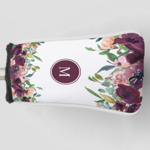 Monogram Watercolor Floral  Pink Purple Marsala Golf Head Cover