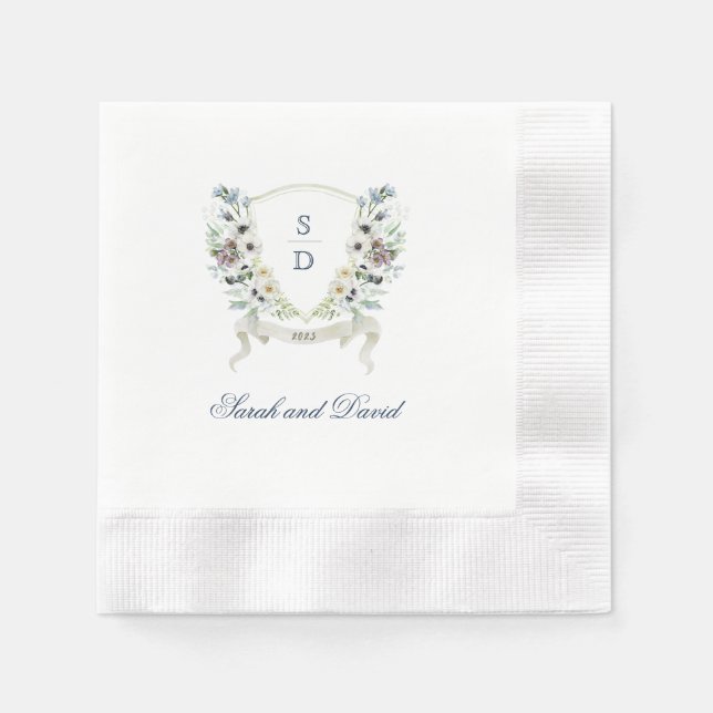 Monogram Watercolor Floral Wedding Crest Napkin (Front)