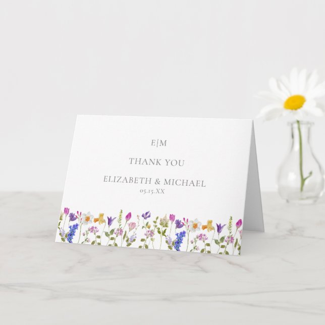 Monogram Watercolor Floral Wedding Photo Thank You Card (Small Plant)